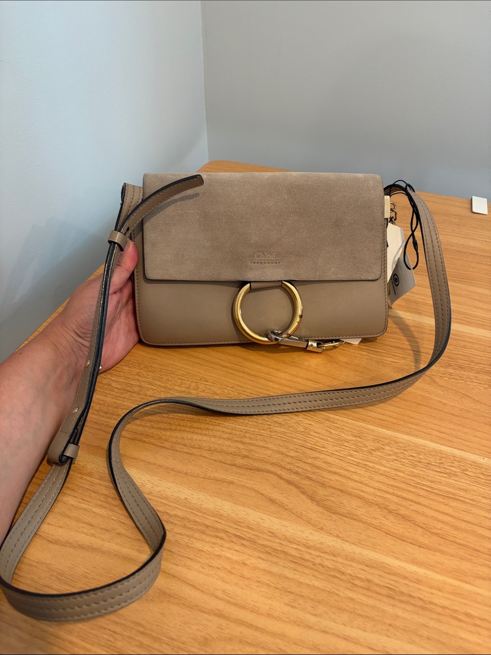 Chloe Gray/Beige Faye Crossbody Bag with Gold Ring
